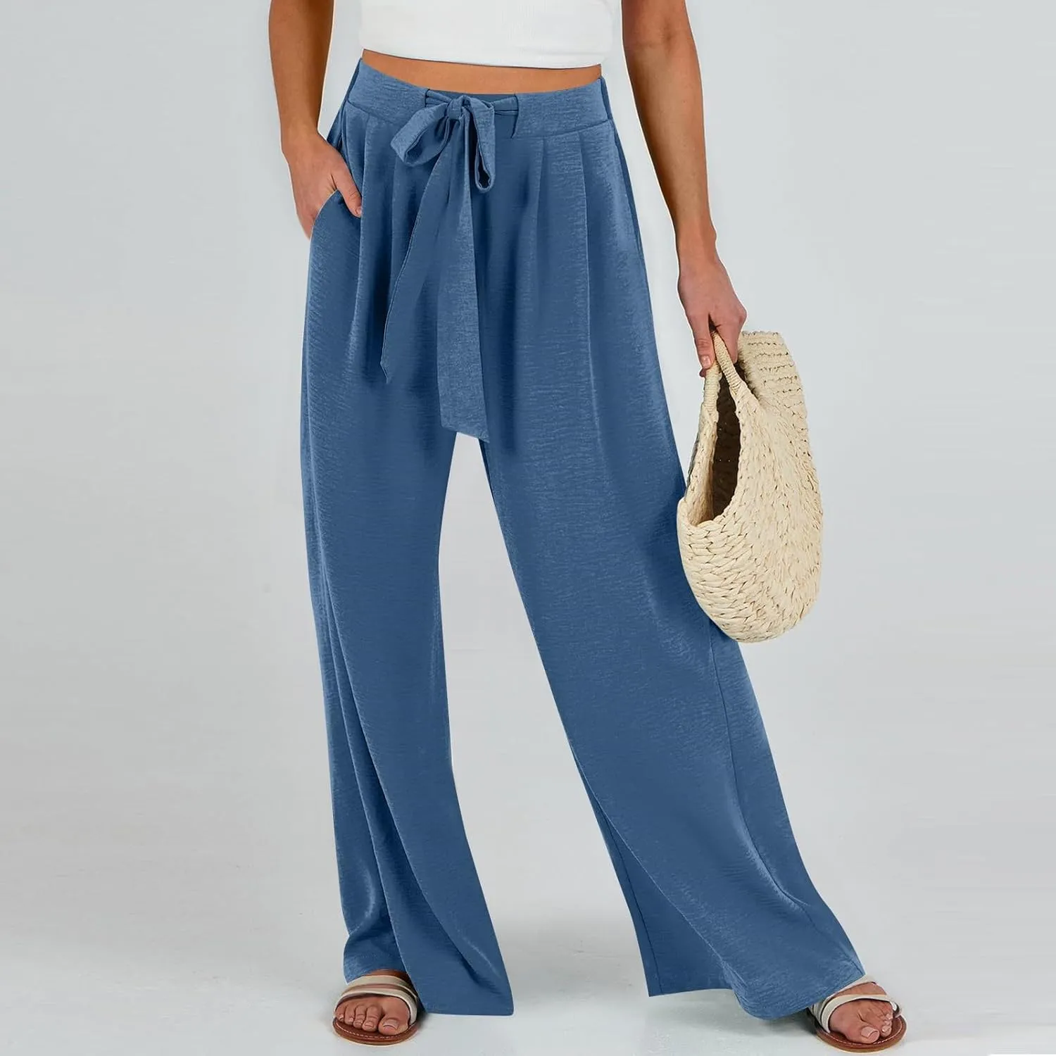 Womens Wide Leg Pants High Waisted Adjustable Tie Knot Flowy Casual Loose Business Work Trousers with Pockets
