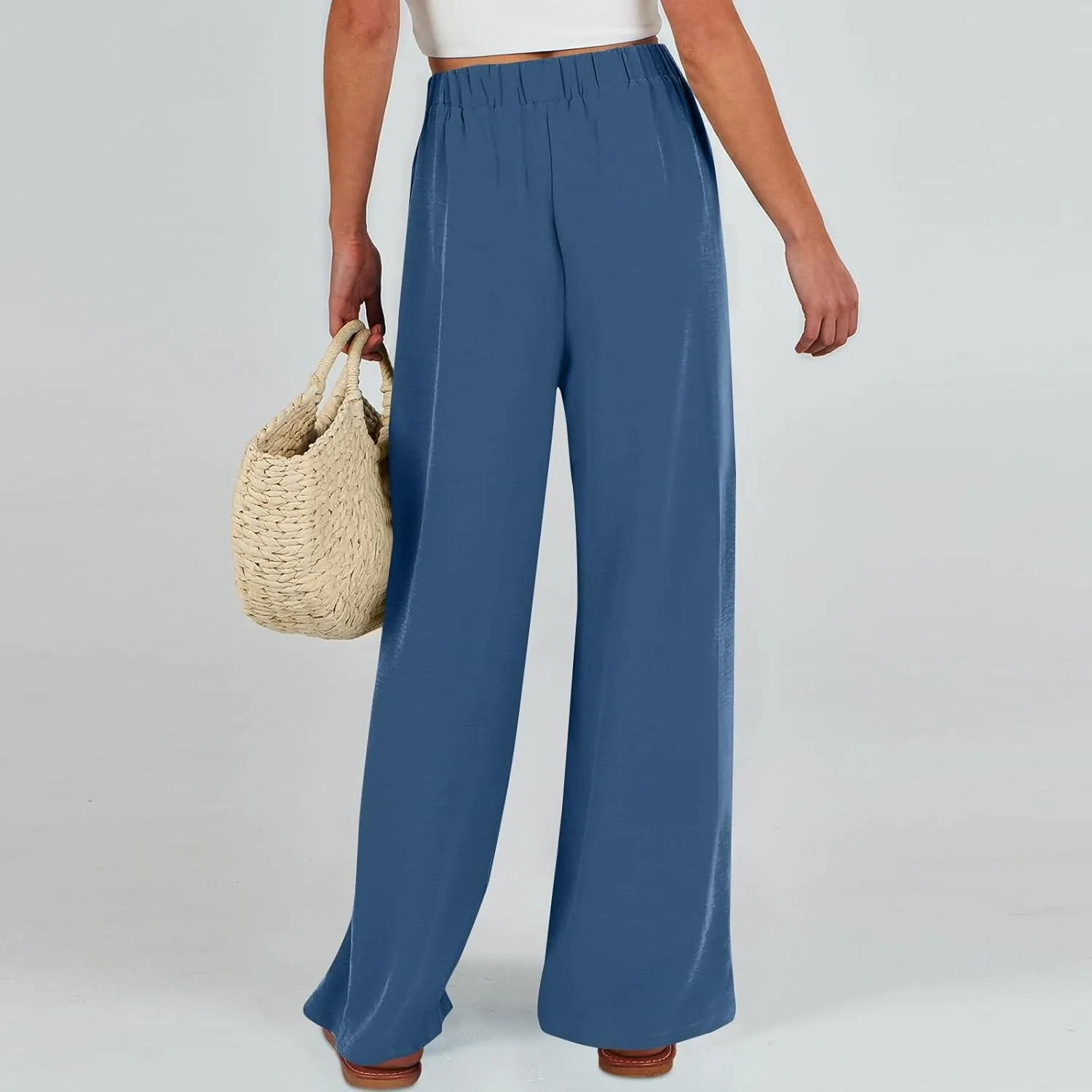 Womens Wide Leg Pants High Waisted Adjustable Tie Knot Flowy Casual Loose Business Work Trousers with Pockets