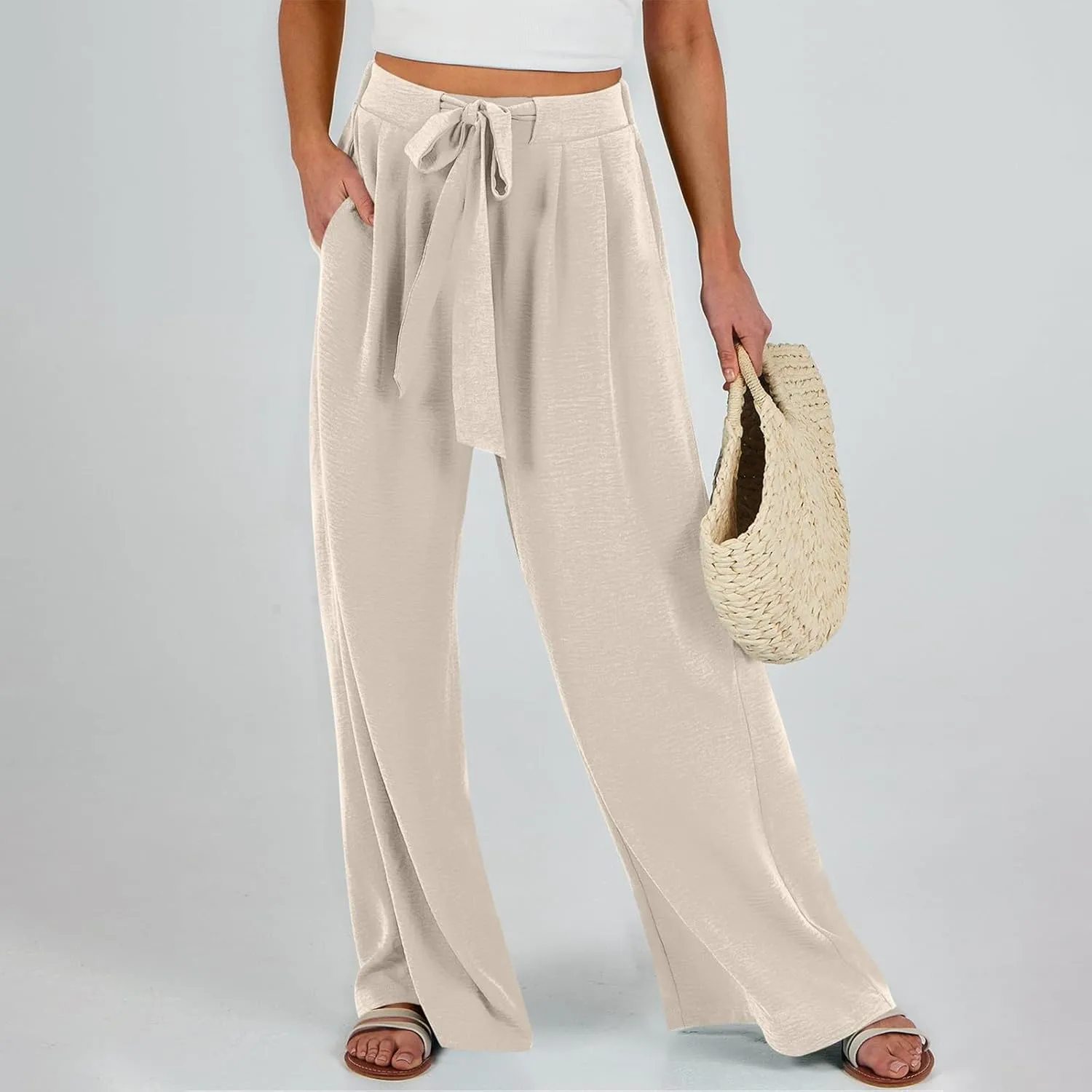 Womens Wide Leg Pants High Waisted Adjustable Tie Knot Flowy Casual Loose Business Work Trousers with Pockets