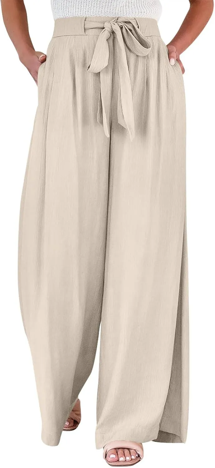 Womens Wide Leg Pants High Waisted Adjustable Tie Knot Flowy Casual Loose Business Work Trousers with Pockets