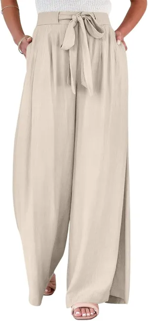 Womens Wide Leg Pants High Waisted Adjustable Tie Knot Flowy Casual Loose Business Work Trousers with Pockets