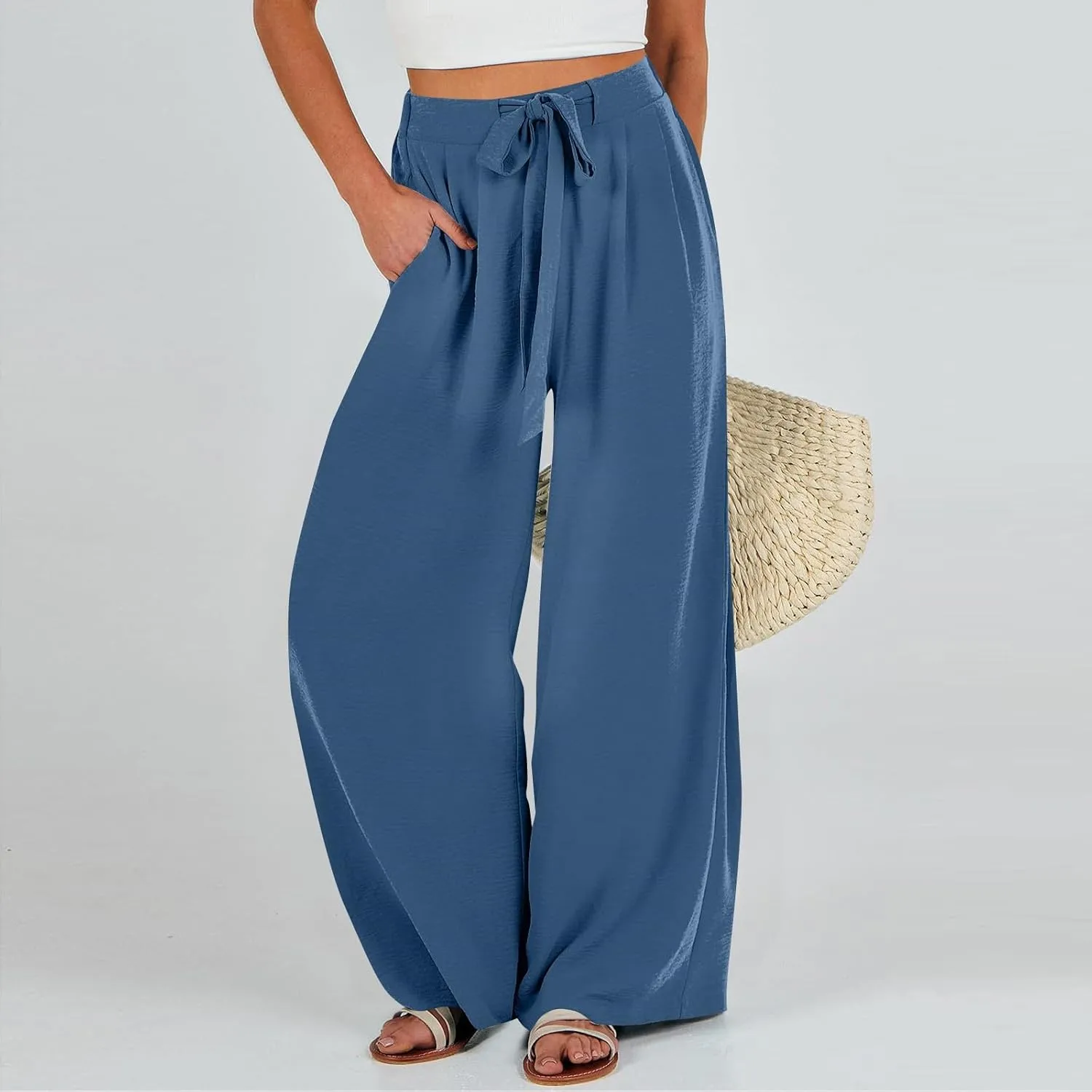 Womens Wide Leg Pants High Waisted Adjustable Tie Knot Flowy Casual Loose Business Work Trousers with Pockets