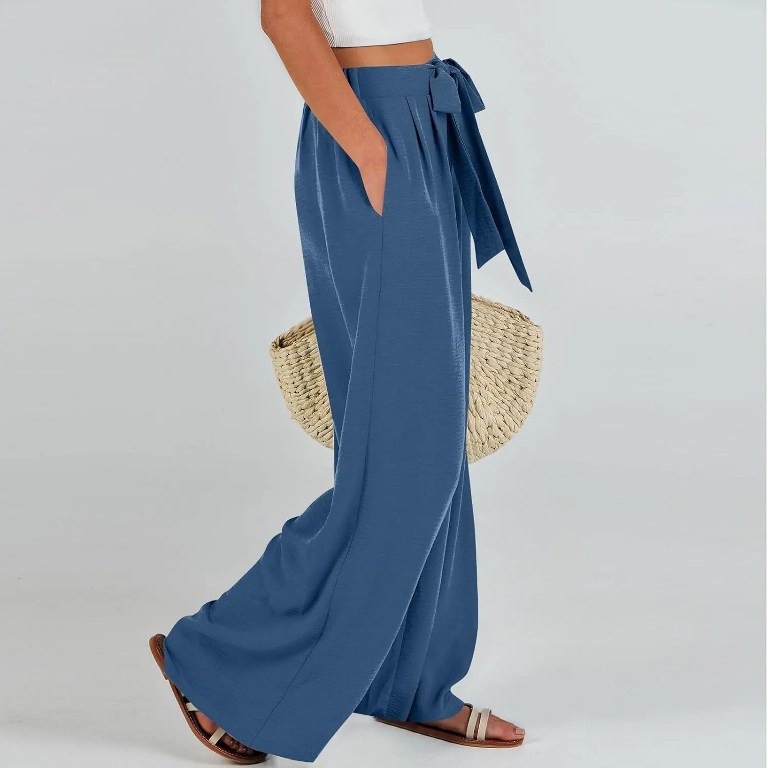 Womens Wide Leg Pants High Waisted Adjustable Tie Knot Flowy Casual Loose Business Work Trousers with Pockets