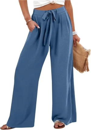 Womens Wide Leg Pants High Waisted Adjustable Tie Knot Flowy Casual Loose Business Work Trousers with Pockets
