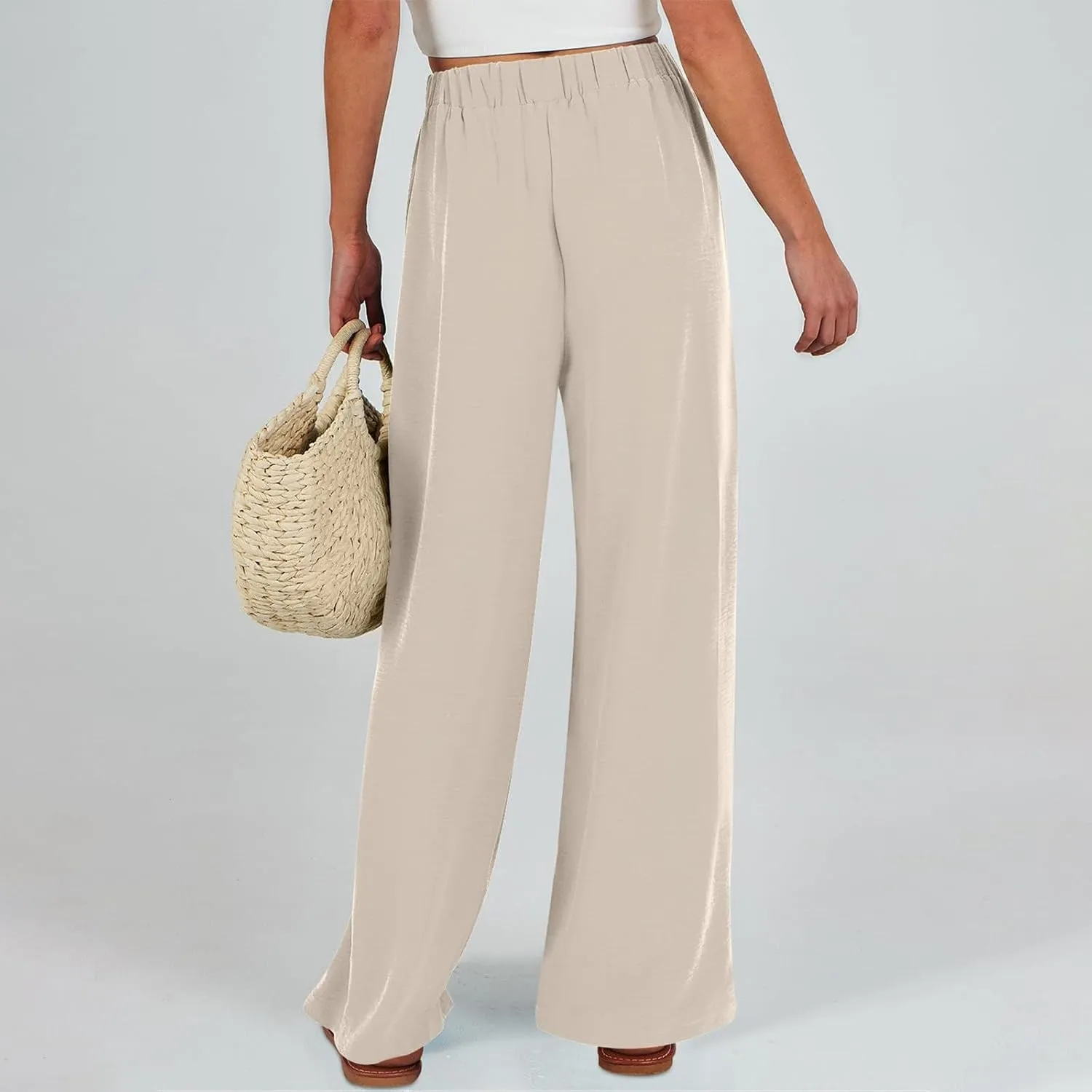 Womens Wide Leg Pants High Waisted Adjustable Tie Knot Flowy Casual Loose Business Work Trousers with Pockets