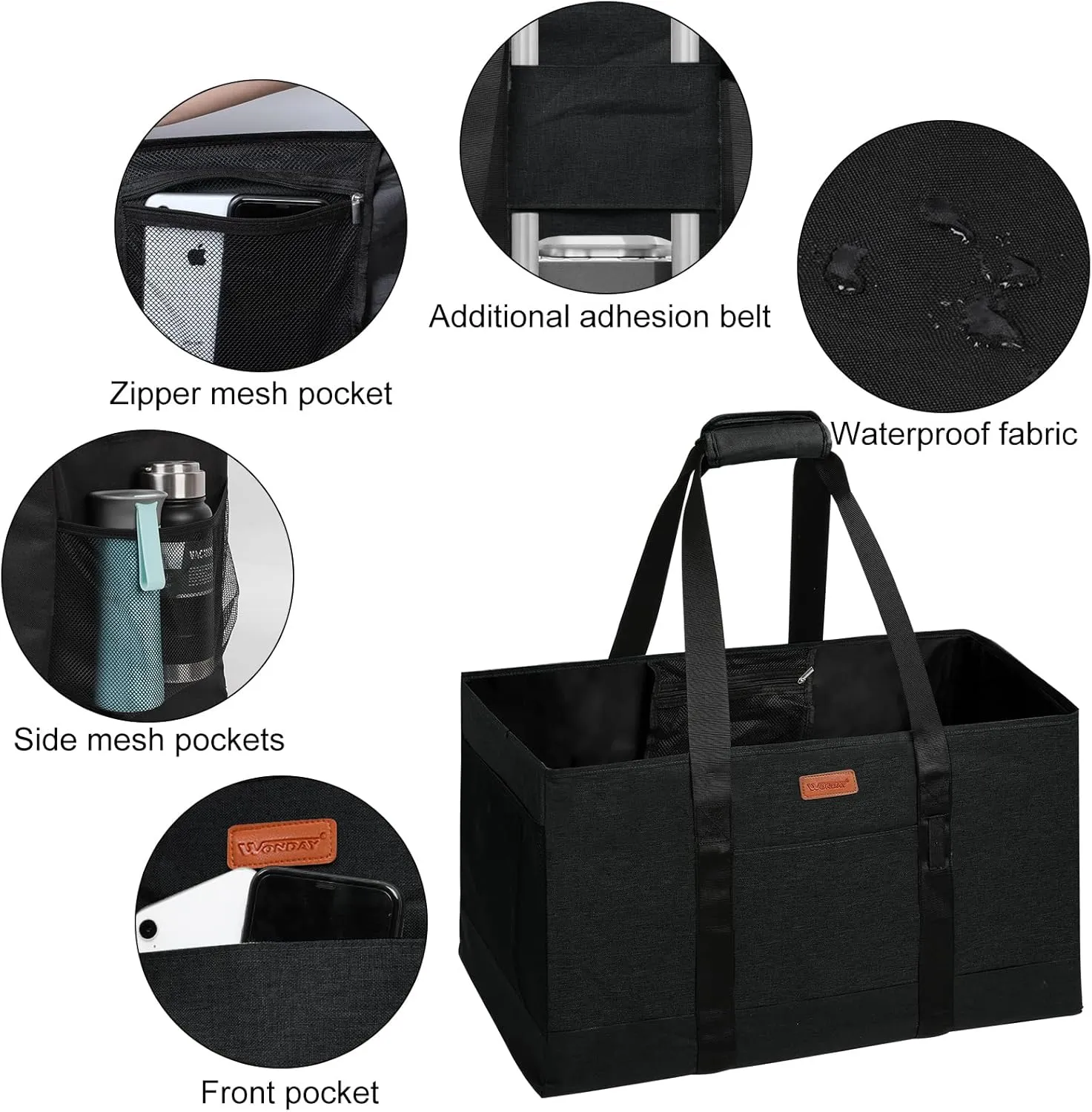 WONDAY Large Utility Tote Bag, Reusable Grocery Bags Collapsible Tote, Large Tote Bag With Handles Utility Tote Shopping Bags for Groceries, Storage, Picnic, Beach, Pool (Black)
