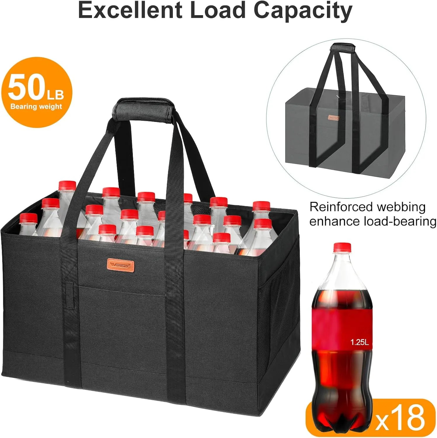WONDAY Large Utility Tote Bag, Reusable Grocery Bags Collapsible Tote, Large Tote Bag With Handles Utility Tote Shopping Bags for Groceries, Storage, Picnic, Beach, Pool (Black)