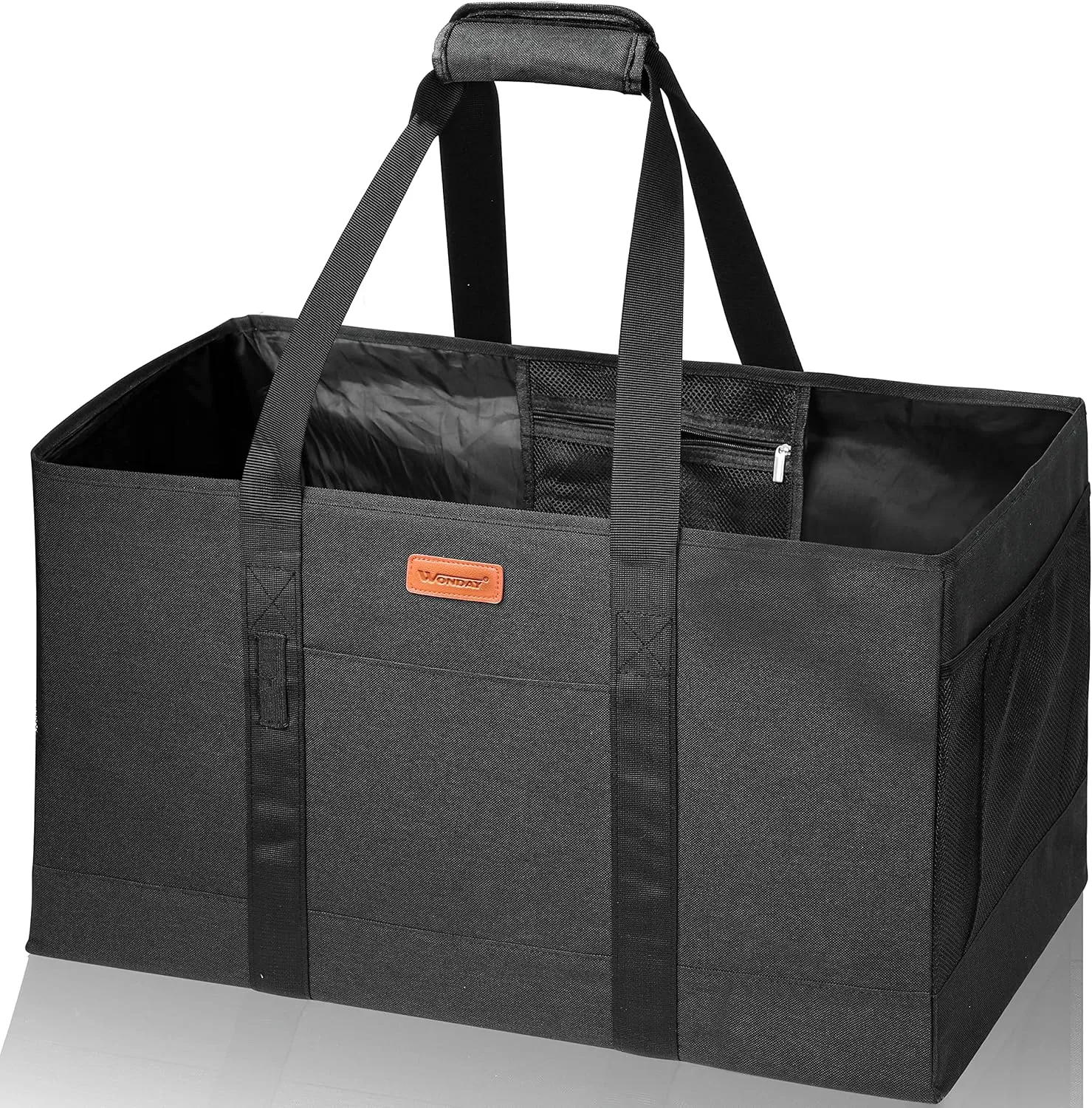 WONDAY Large Utility Tote Bag, Reusable Grocery Bags Collapsible Tote, Large Tote Bag With Handles Utility Tote Shopping Bags for Groceries, Storage, Picnic, Beach, Pool (Black)