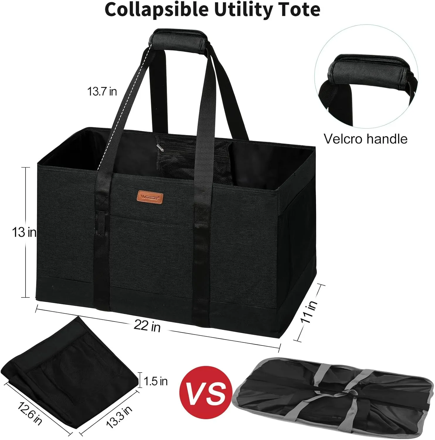 WONDAY Large Utility Tote Bag, Reusable Grocery Bags Collapsible Tote, Large Tote Bag With Handles Utility Tote Shopping Bags for Groceries, Storage, Picnic, Beach, Pool (Black)