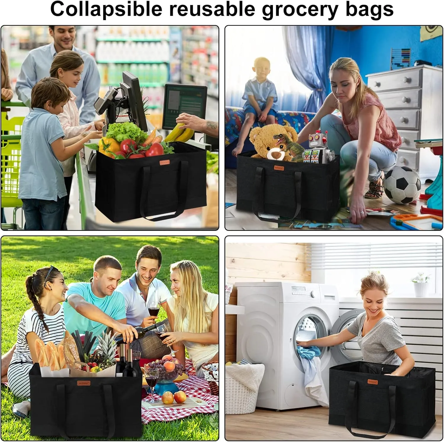 WONDAY Large Utility Tote Bag, Reusable Grocery Bags Collapsible Tote, Large Tote Bag With Handles Utility Tote Shopping Bags for Groceries, Storage, Picnic, Beach, Pool (Black)