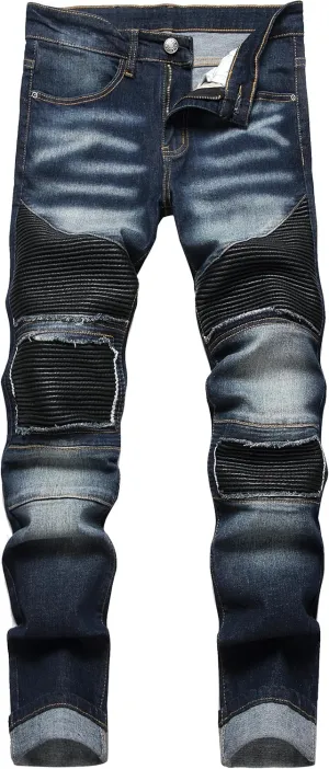 XIMXIMMTIAN Men's Biker Moto Washed Distressed Slim Fit Straight Jeans Denim…