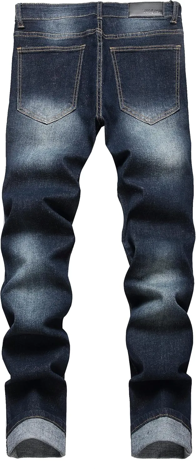 XIMXIMMTIAN Men's Biker Moto Washed Distressed Slim Fit Straight Jeans Denim…