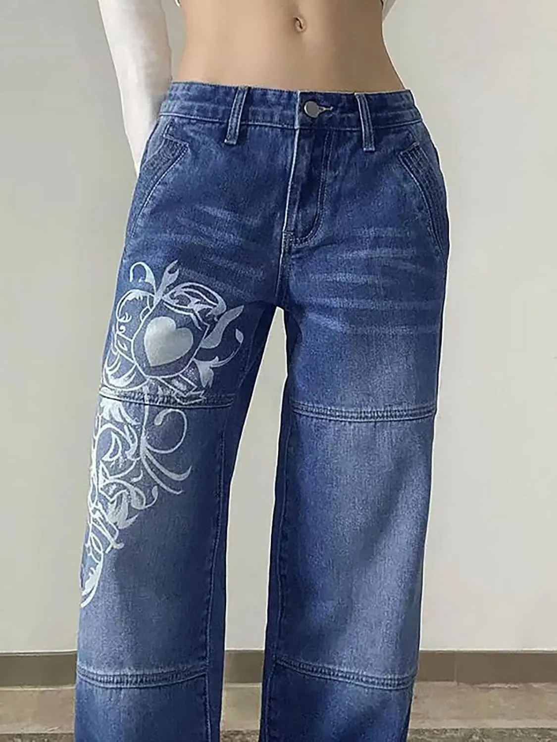 Xineicy Women's Low Rise Heart Pattern Baggy Jeans Washed Wide Leg Denim Cargo Pants