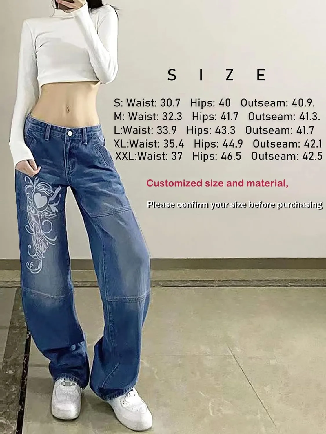 Xineicy Women's Low Rise Heart Pattern Baggy Jeans Washed Wide Leg Denim Cargo Pants