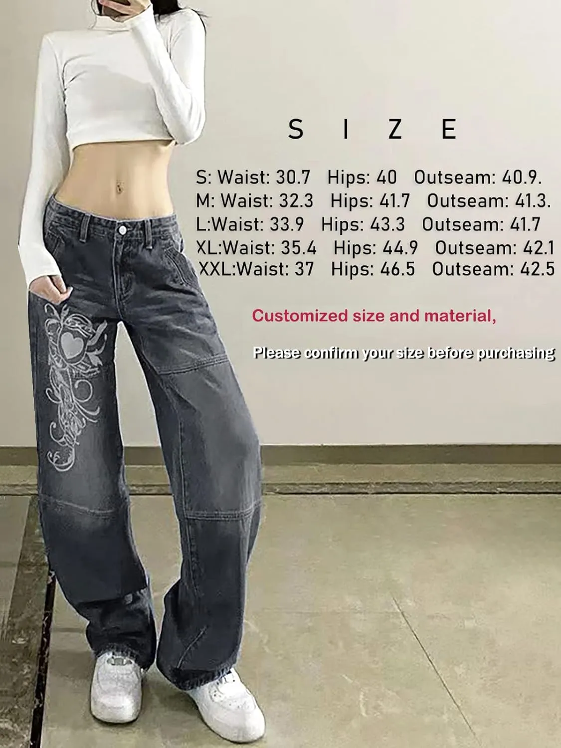 Xineicy Women's Low Rise Heart Pattern Baggy Jeans Washed Wide Leg Denim Cargo Pants