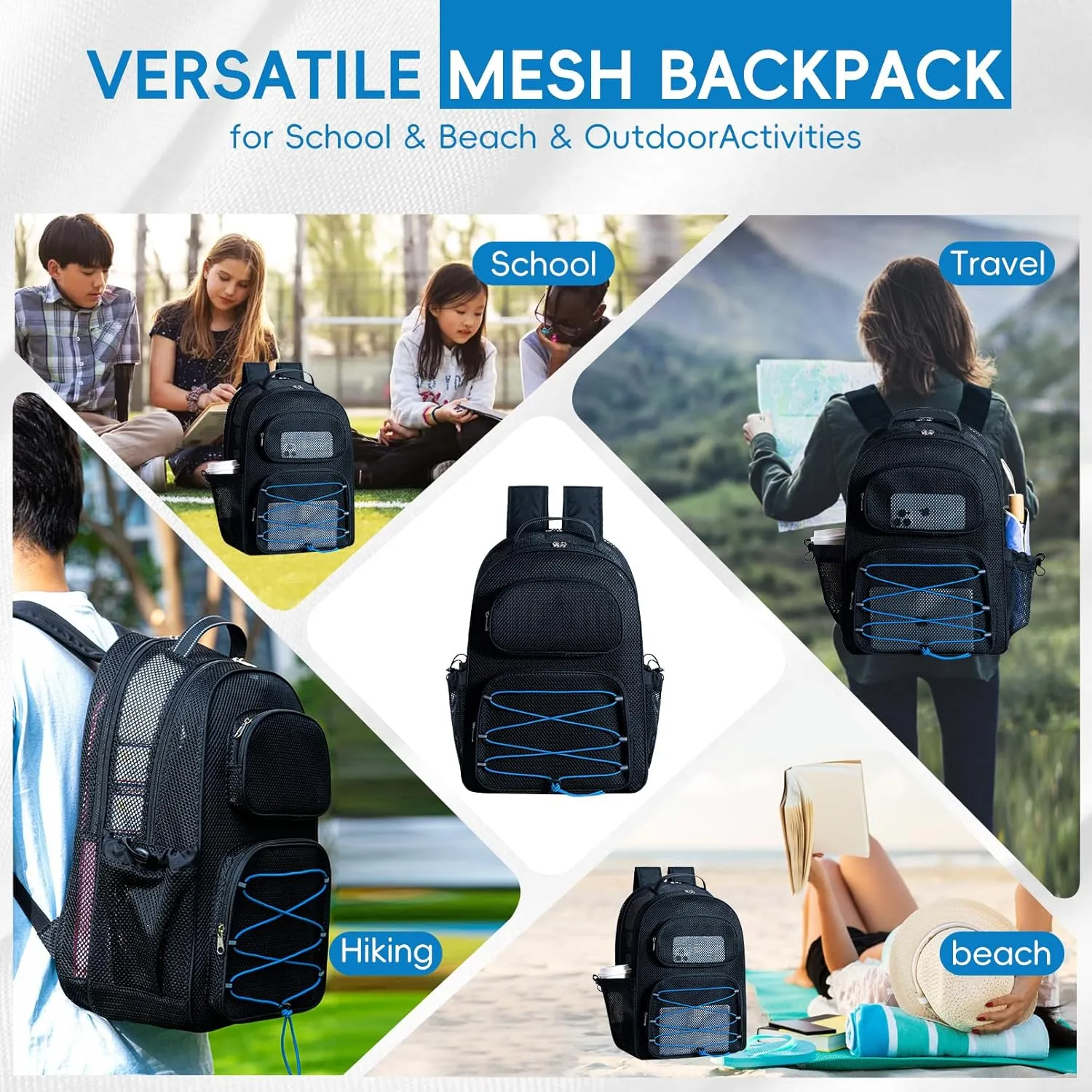 XLarge Mesh Backpack for School 33L See Through Stylish Heavy Duty Backpack for Boys Girls Kids Beach Travel Hiking Outdoor Sport(Blue)