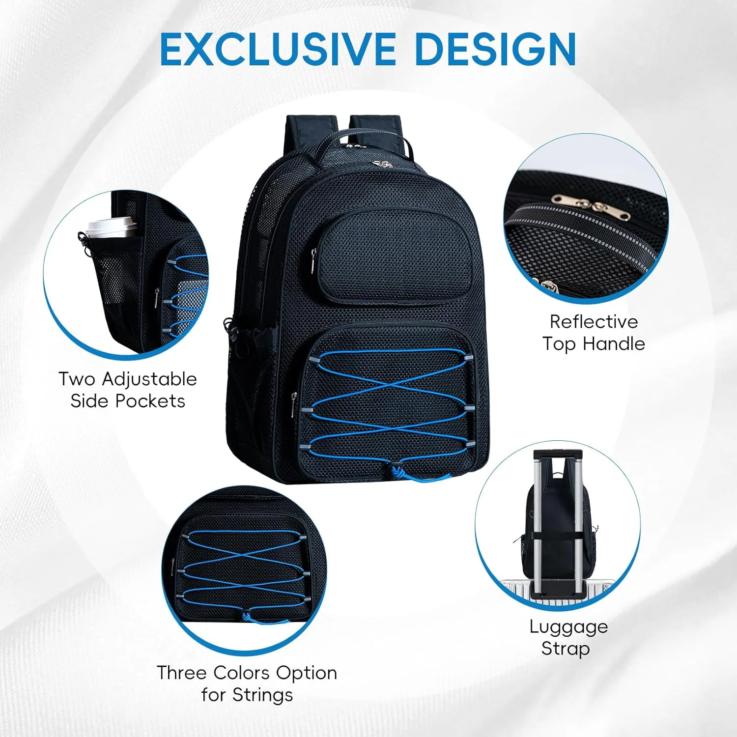 XLarge Mesh Backpack for School 33L See Through Stylish Heavy Duty Backpack for Boys Girls Kids Beach Travel Hiking Outdoor Sport(Blue)