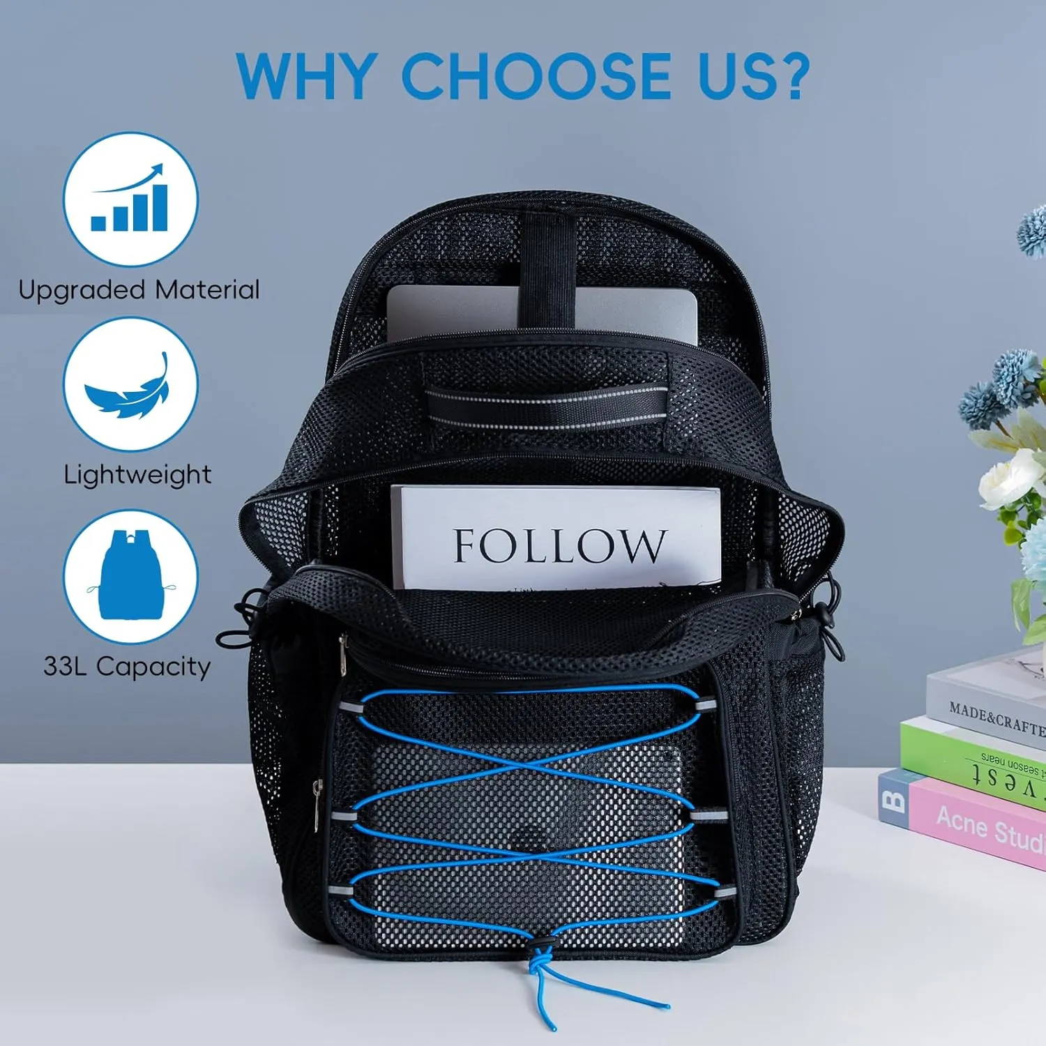XLarge Mesh Backpack for School 33L See Through Stylish Heavy Duty Backpack for Boys Girls Kids Beach Travel Hiking Outdoor Sport(Blue)