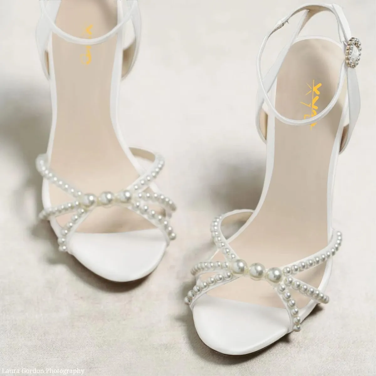 XYD Women Open Toe Ankle Strap Pearl High Heels Stiletto Dress Sandals with Bead Buckle Wedding Bridal Shoes