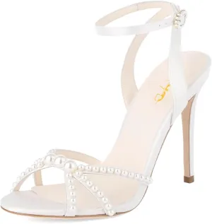 XYD Women Open Toe Ankle Strap Pearl High Heels Stiletto Dress Sandals with Bead Buckle Wedding Bridal Shoes