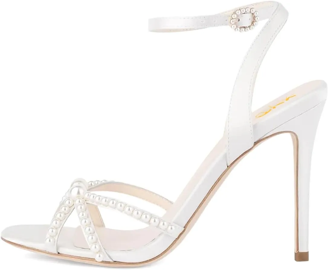 XYD Women Open Toe Ankle Strap Pearl High Heels Stiletto Dress Sandals with Bead Buckle Wedding Bridal Shoes