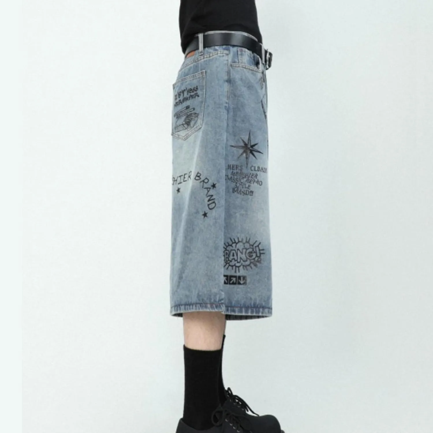 Y2K Men's and Women's Hip-Hop Street Fashion Retro Graffiti Gothic Denim Shorts