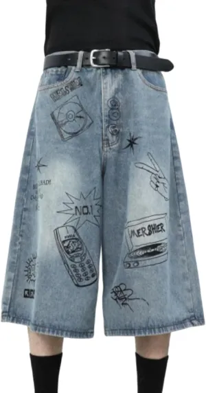 Y2K Men's and Women's Hip-Hop Street Fashion Retro Graffiti Gothic Denim Shorts