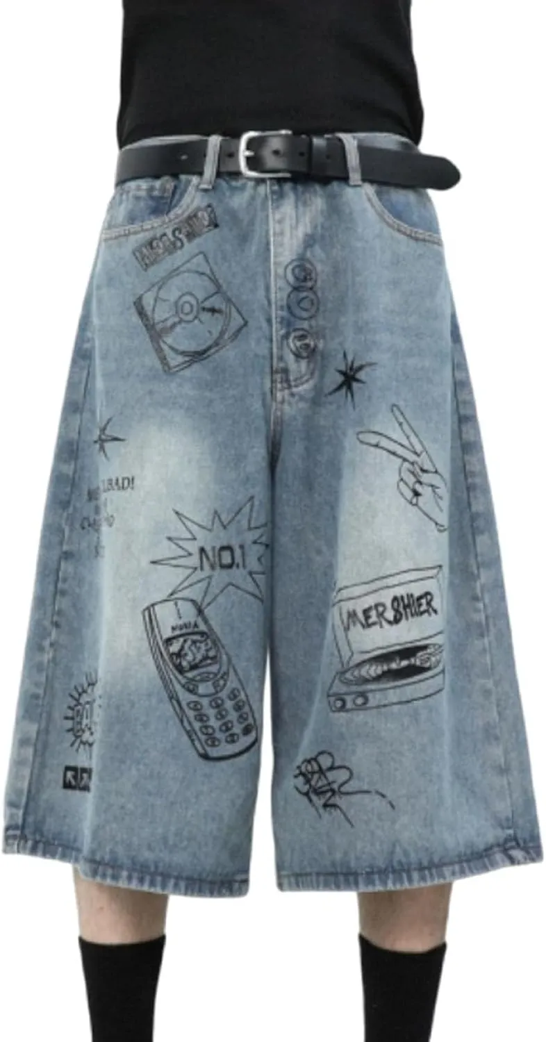 Y2K Men's and Women's Hip-Hop Street Fashion Retro Graffiti Gothic Denim Shorts