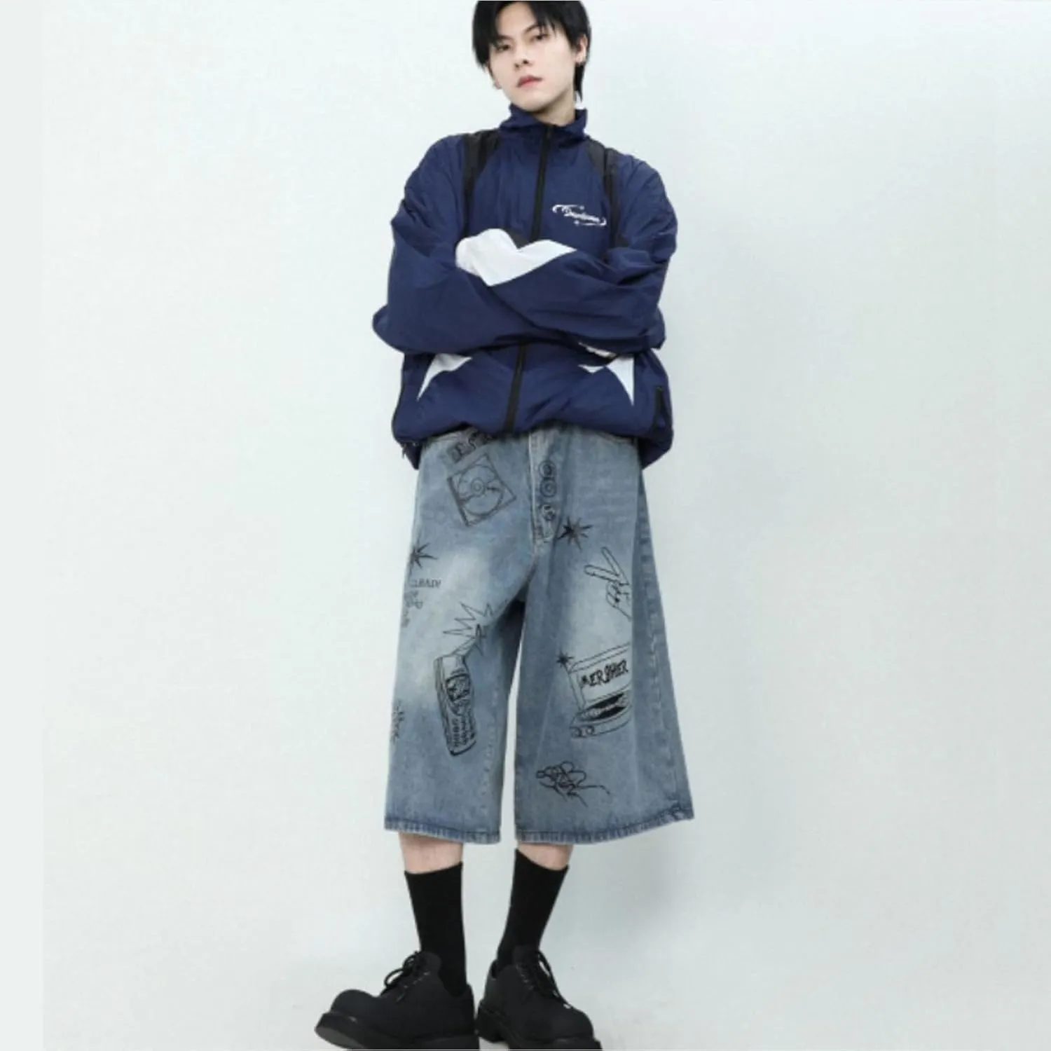 Y2K Men's and Women's Hip-Hop Street Fashion Retro Graffiti Gothic Denim Shorts