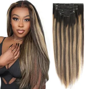 Yaki Clip in Human Hair Extensioins Rooted Natural Black to Piano Black #1B With Camamel Blonde Color #27 Two Tone Yaki Straight Clip ins Remy Human Hair for Full Head 120g 20inch 7pcs 17 Clips