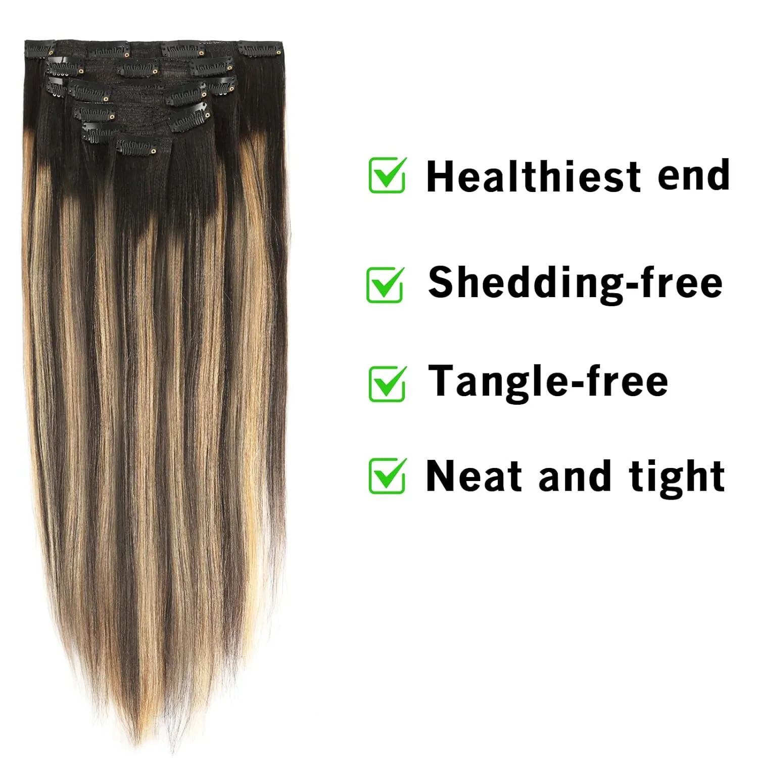 Yaki Clip in Human Hair Extensioins Rooted Natural Black to Piano Black #1B With Camamel Blonde Color #27 Two Tone Yaki Straight Clip ins Remy Human Hair for Full Head 120g 20inch 7pcs 17 Clips