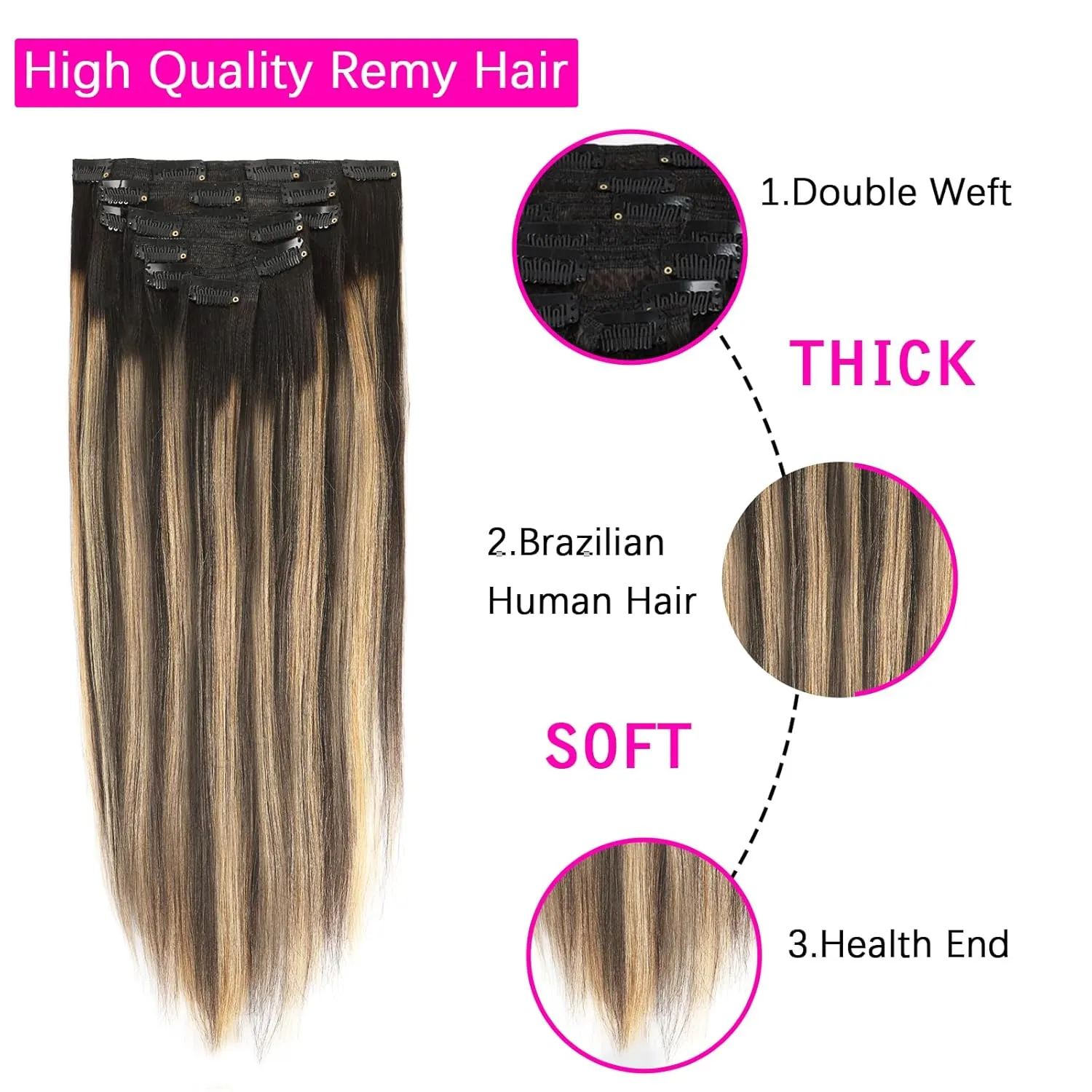 Yaki Clip in Human Hair Extensioins Rooted Natural Black to Piano Black #1B With Camamel Blonde Color #27 Two Tone Yaki Straight Clip ins Remy Human Hair for Full Head 120g 20inch 7pcs 17 Clips