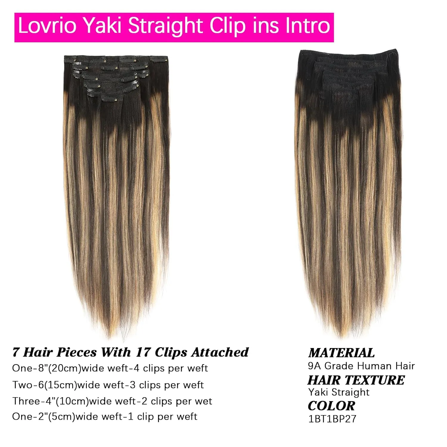 Yaki Clip in Human Hair Extensioins Rooted Natural Black to Piano Black #1B With Camamel Blonde Color #27 Two Tone Yaki Straight Clip ins Remy Human Hair for Full Head 120g 20inch 7pcs 17 Clips