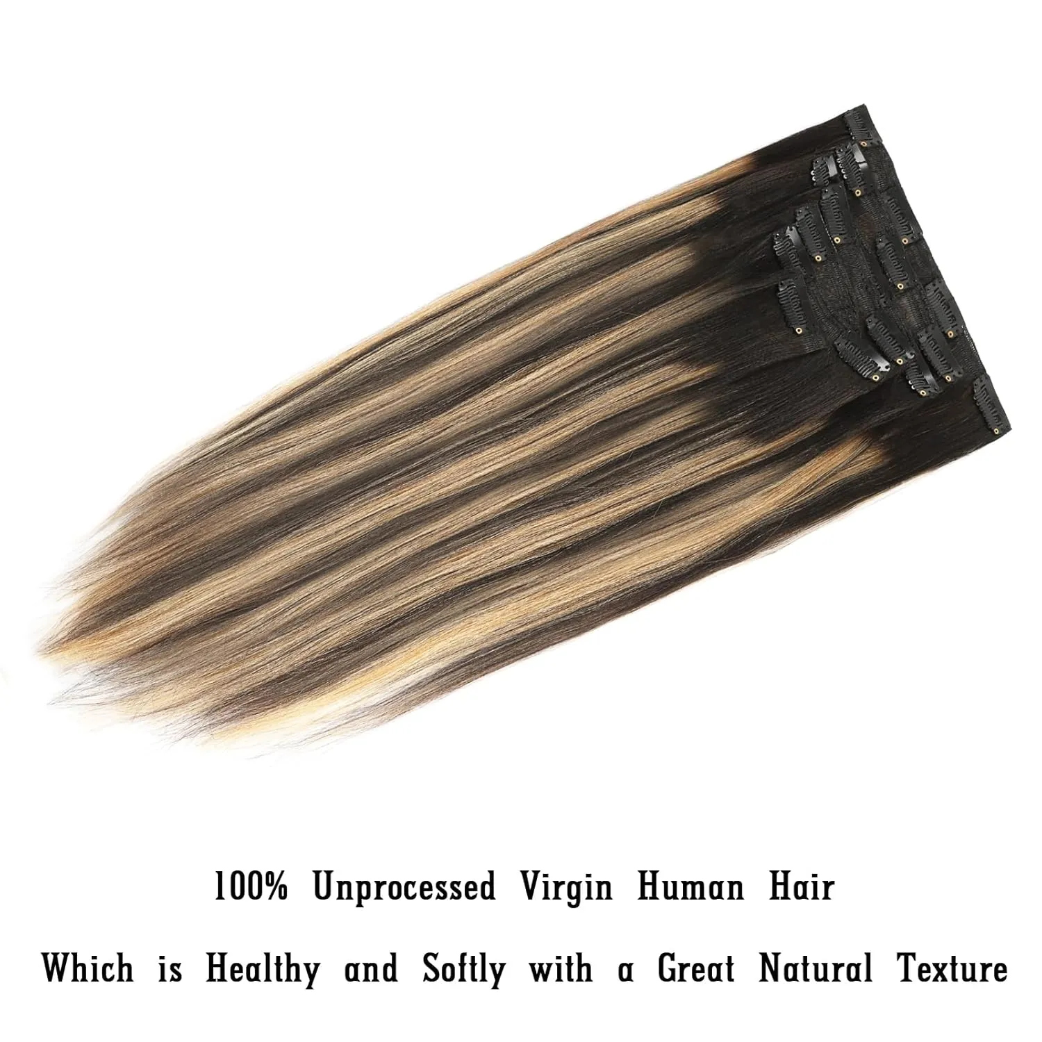 Yaki Clip in Human Hair Extensioins Rooted Natural Black to Piano Black #1B With Camamel Blonde Color #27 Two Tone Yaki Straight Clip ins Remy Human Hair for Full Head 120g 20inch 7pcs 17 Clips