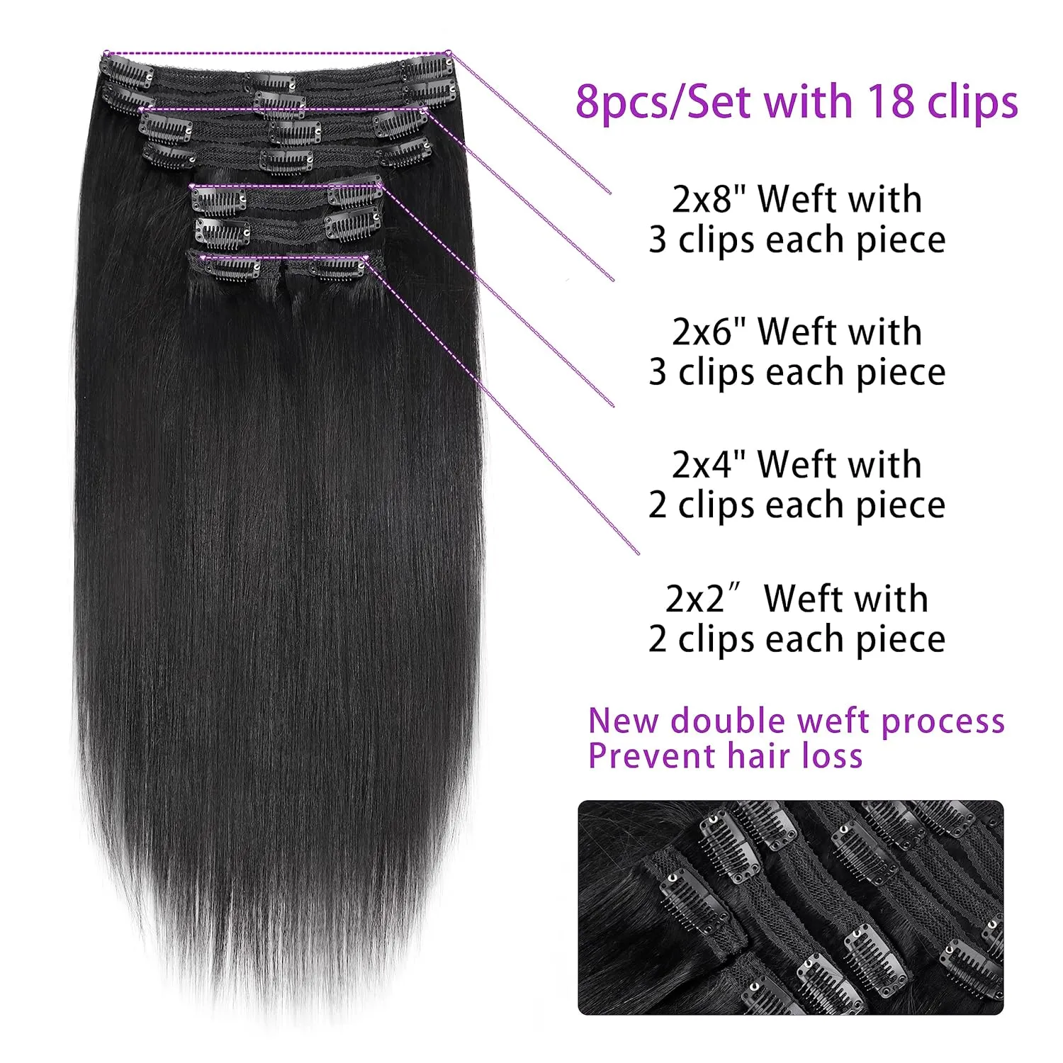 Yaki-Straight Clip in Hair Extensions Human Hair Clip ins For Women Clip on Hair Extensions Real Human Hair Brazilian Virgin Hair Extensions(14 Inch)