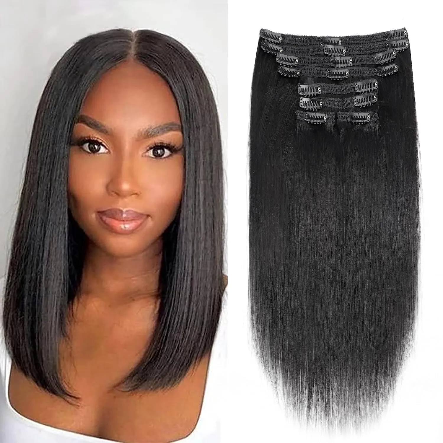 Yaki-Straight Clip in Hair Extensions Human Hair Clip ins For Women Clip on Hair Extensions Real Human Hair Brazilian Virgin Hair Extensions(14 Inch)