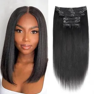 Yaki-Straight Clip in Hair Extensions Human Hair Clip ins For Women Clip on Hair Extensions Real Human Hair Brazilian Virgin Hair Extensions(14 Inch)