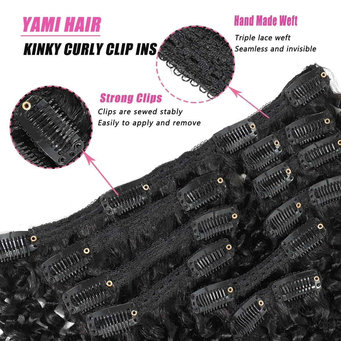 YAMI Kinky Curly Clip in Hair Extensions Virgin Natural Hair Clip In Extensions Kinky Curly Hair 10Pcs Human Hair Clip Ins for Women Clip In Hair Extensions 120g（Natural Black,16inch)