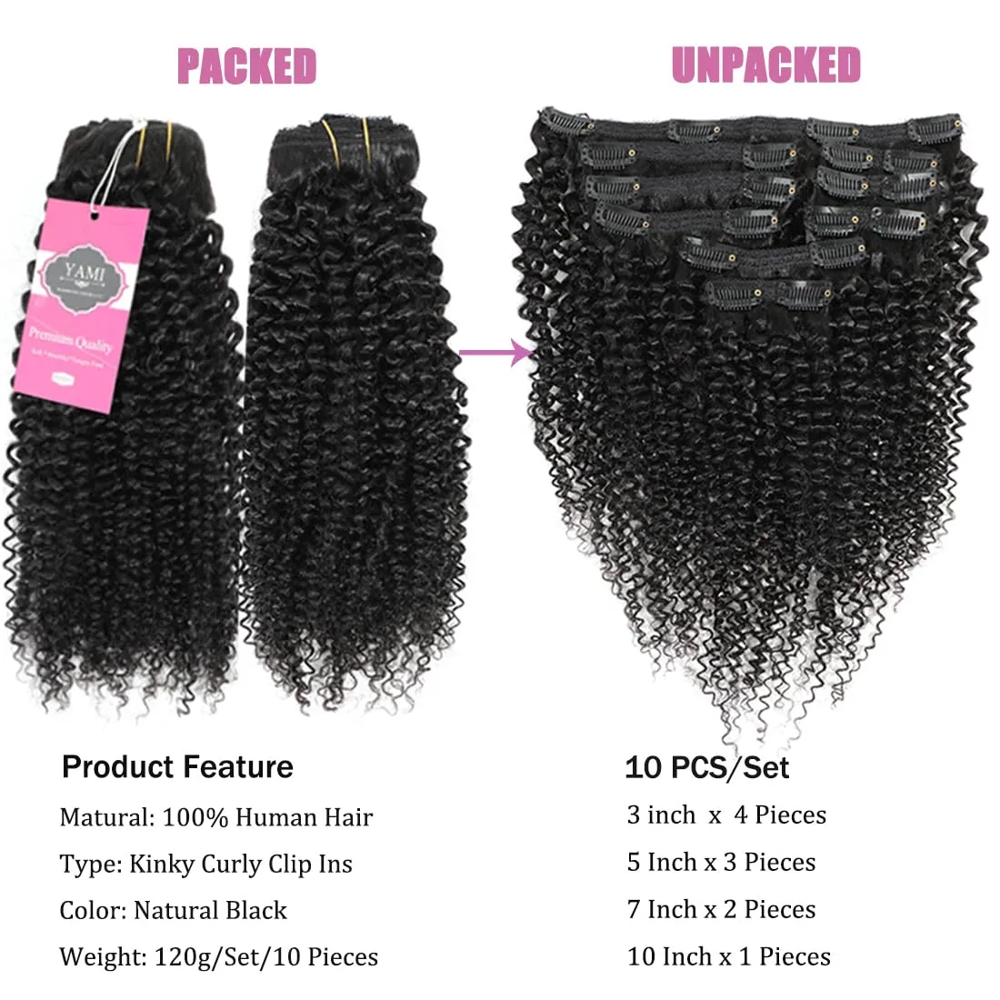 YAMI Kinky Curly Clip in Hair Extensions Virgin Natural Hair Clip In Extensions Kinky Curly Hair 10Pcs Human Hair Clip Ins for Women Clip In Hair Extensions 120g（Natural Black,16inch)