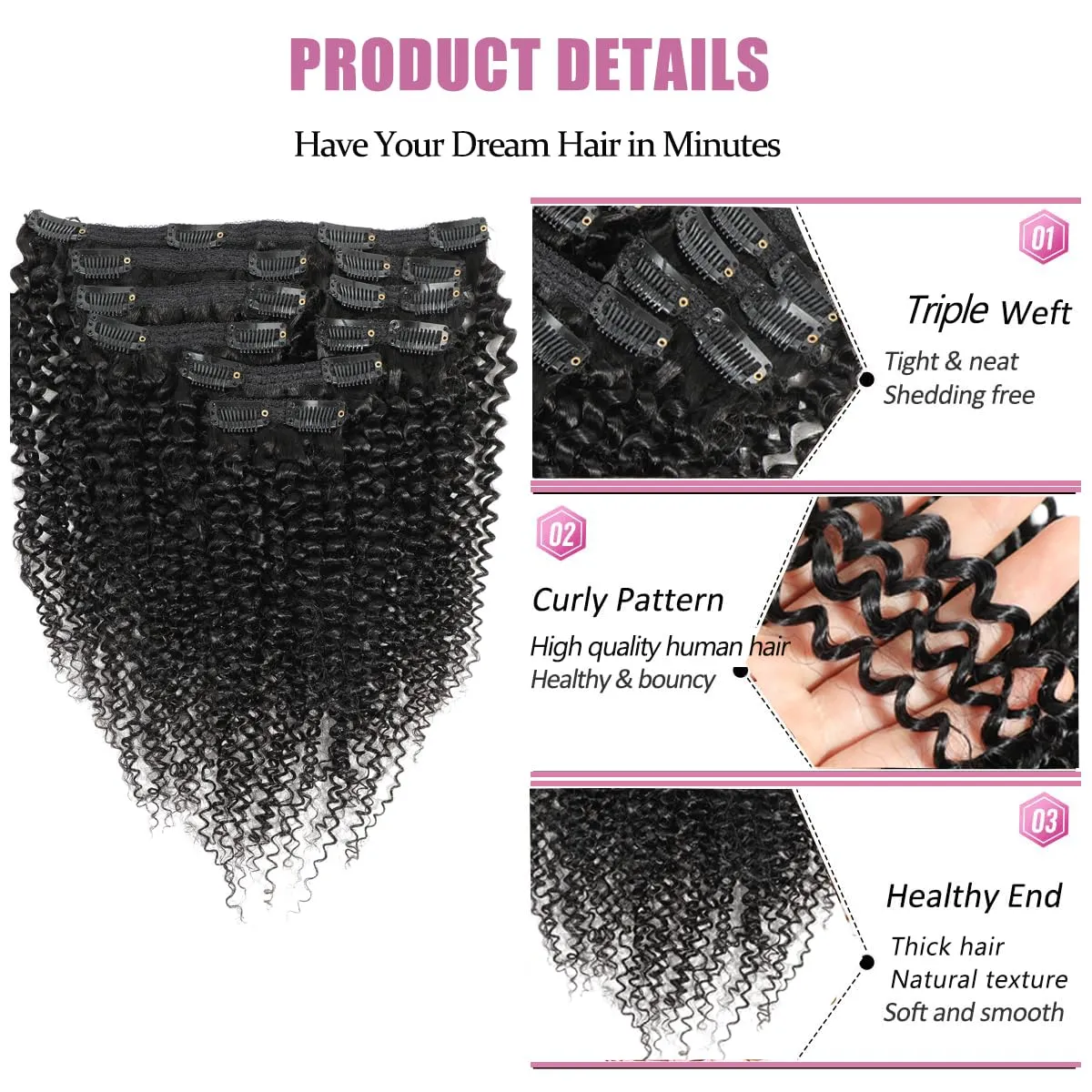 YAMI Kinky Curly Clip in Hair Extensions Virgin Natural Hair Clip In Extensions Kinky Curly Hair 10Pcs Human Hair Clip Ins for Women Clip In Hair Extensions 120g（Natural Black,16inch)
