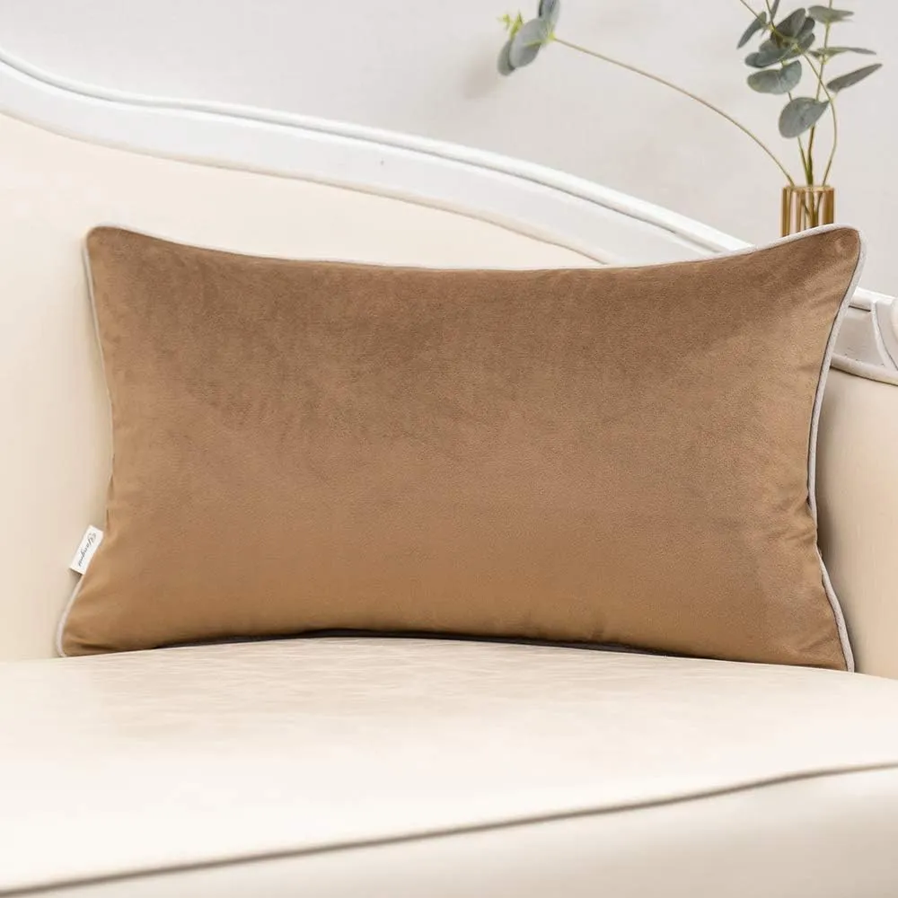 Yangest Khaki Patchwork Velvet Lumbar Pillow Cover with Gold Striped Leather Cushion Case Modern Luxury Pillowcase for Sofa Couch Bedroom Living Room Home Decor,12"x20"