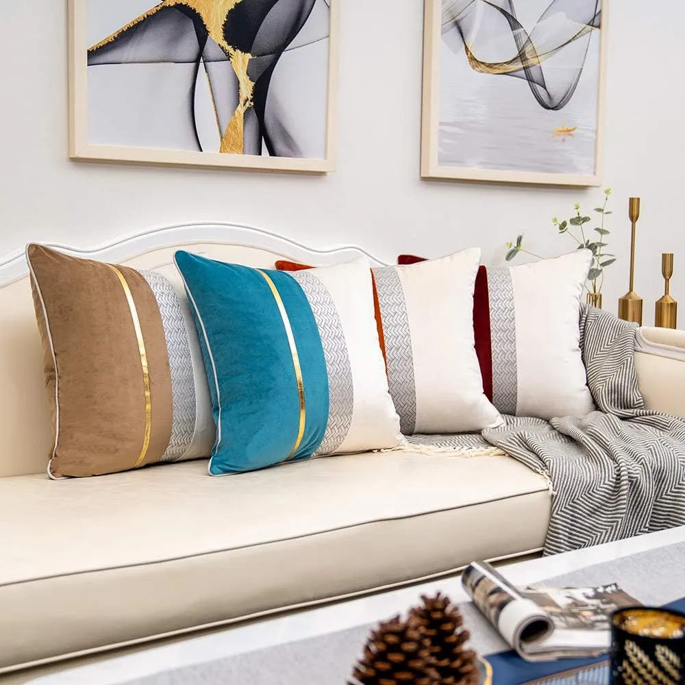 Yangest Khaki Patchwork Velvet Lumbar Pillow Cover with Gold Striped Leather Cushion Case Modern Luxury Pillowcase for Sofa Couch Bedroom Living Room Home Decor,12"x20"