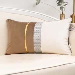 Yangest Khaki Patchwork Velvet Lumbar Pillow Cover with Gold Striped Leather Cushion Case Modern Luxury Pillowcase for Sofa Couch Bedroom Living Room Home Decor,12"x20"