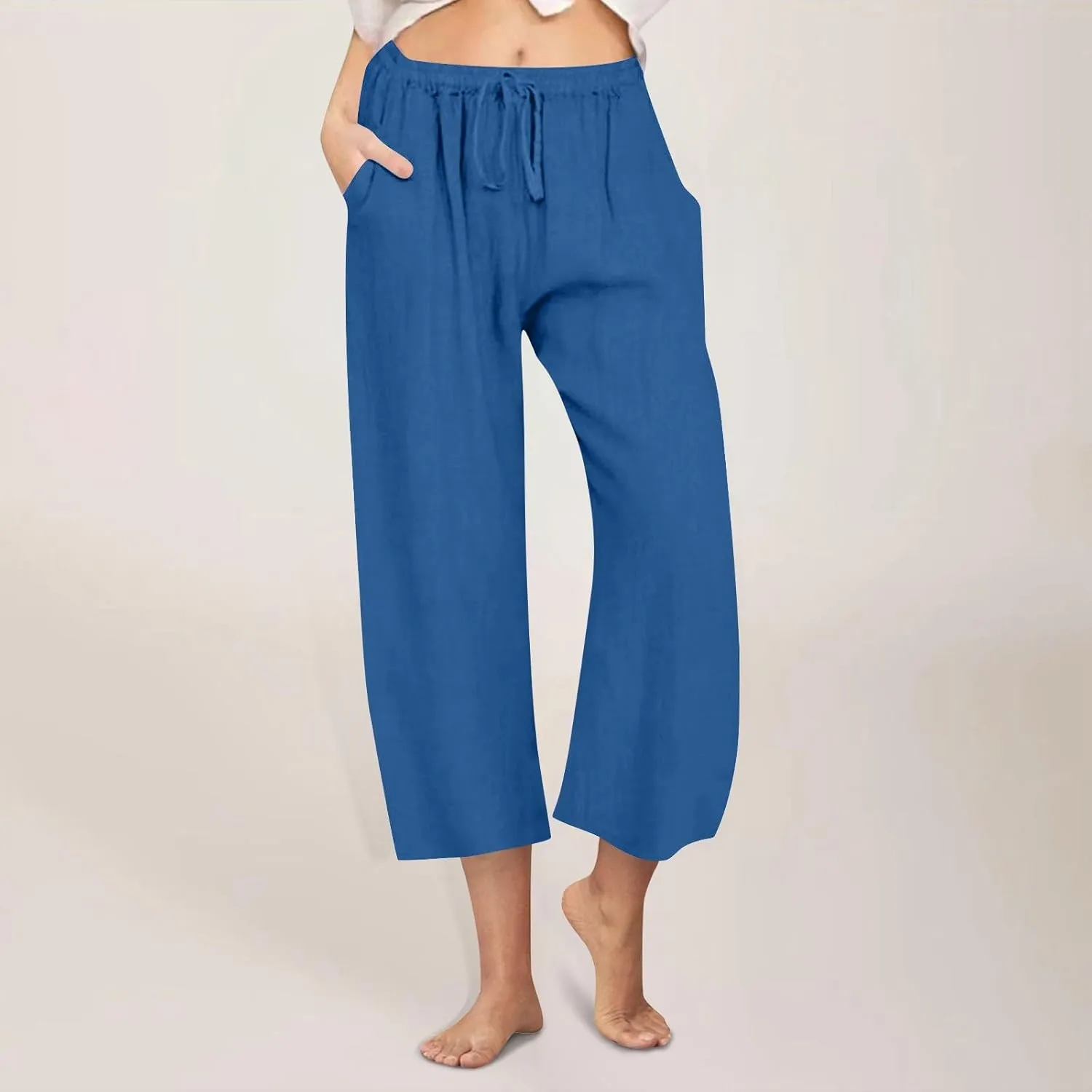 yardsong Capri Pants for Women Cotton Linen Summer Casual Cropped Pants Drawstring Elastic Waist Wide Leg Capris with Pockets