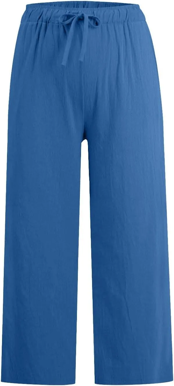 yardsong Capri Pants for Women Cotton Linen Summer Casual Cropped Pants Drawstring Elastic Waist Wide Leg Capris with Pockets