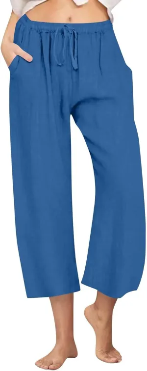 yardsong Capri Pants for Women Cotton Linen Summer Casual Cropped Pants Drawstring Elastic Waist Wide Leg Capris with Pockets