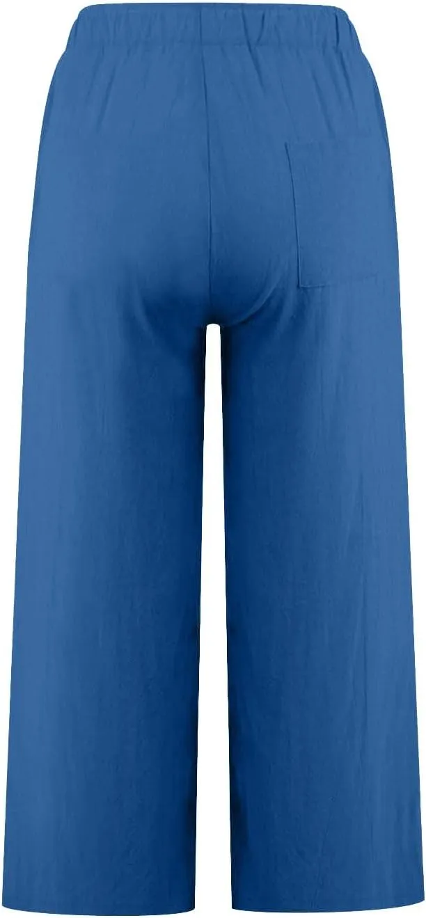 yardsong Capri Pants for Women Cotton Linen Summer Casual Cropped Pants Drawstring Elastic Waist Wide Leg Capris with Pockets