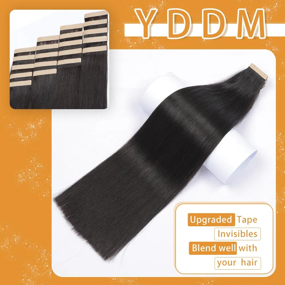 YDDM Natural Black 20pcs 18 Inch Tape in Hair Extensions Human Hair, 100% Remy Human Hair for Women Straight Seamless Invisible Tape in Hair Extensions(1B#, 18 Inch)