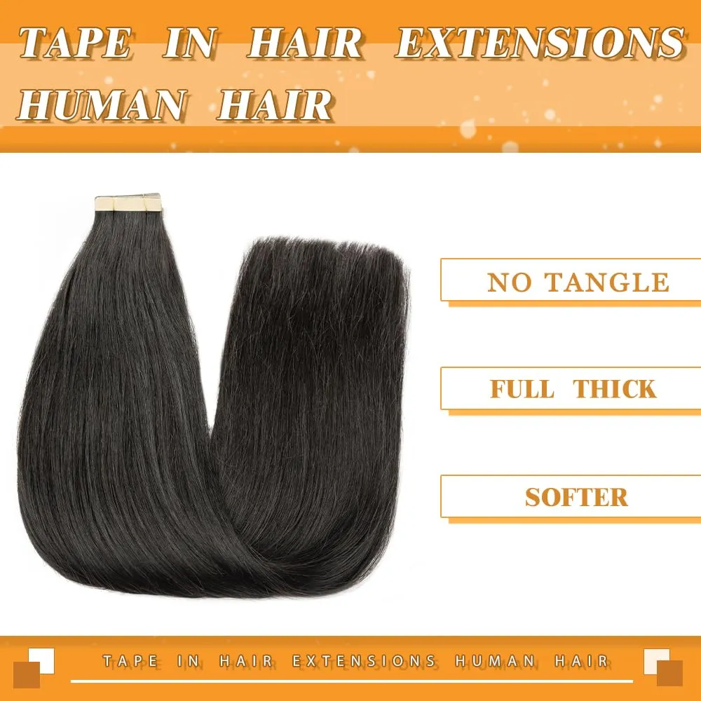 YDDM Natural Black 20pcs 18 Inch Tape in Hair Extensions Human Hair, 100% Remy Human Hair for Women Straight Seamless Invisible Tape in Hair Extensions(1B#, 18 Inch)