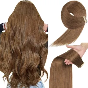 YDDM Tape in Hair Extensions, 18 Inch Gold Brown 100% Remy Human Hair 20pcs Straight Seamless Invisible Tape in Hair Extensions(10#, 18 Inch)